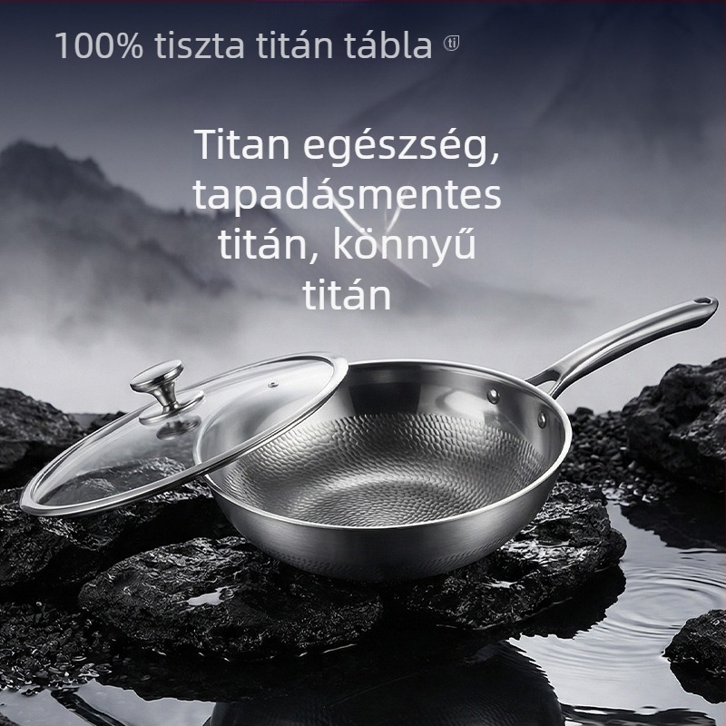 Tiszta titánból készült serpenyő/edény, bevonat nélküli, kalapált textúra 32, kompatibil gáztűzhellyel és indukciós főzőfelülettel, üvegfedél