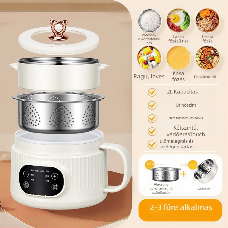 Többfunkciós elektromos főzőedény leereszthető kosárral, két rétegű kialakítás, belső kerámia bevonatú tál, mikrocomputeres vezérlés gombokkal, ütemezés és gőzölés