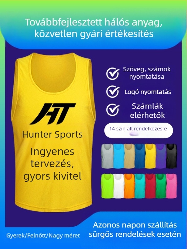 Személyre szabott hálós anyagú futball-edzés mezek, csapatépítő eseményekhez és önkéntes csoportok számára, reklám pólók