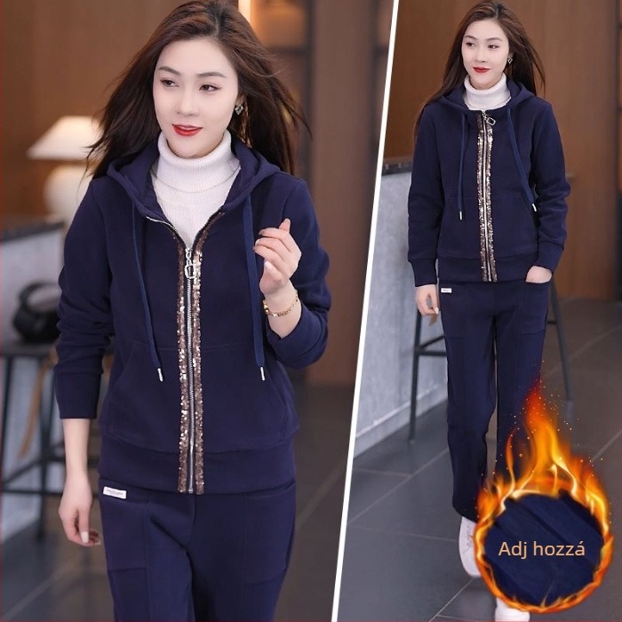 Női téli Chenille kétrészes készlet meleg fleece-béléssel ellátott kapucnival – hosszú ujjas, Spandex <30%, Royal Sister stílus