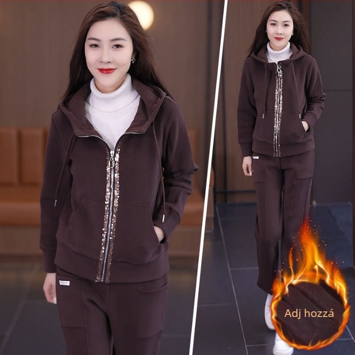 Női téli Chenille kétrészes készlet meleg fleece-béléssel ellátott kapucnival – hosszú ujjas, Spandex <30%, Royal Sister stílus