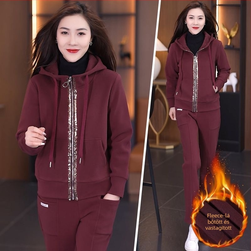 Női téli Chenille kétrészes készlet meleg fleece-béléssel ellátott kapucnival – hosszú ujjas, Spandex <30%, Royal Sister stílus