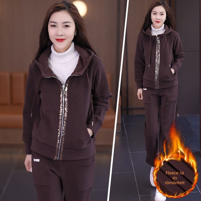 Női téli Chenille kétrészes készlet meleg fleece-béléssel ellátott kapucnival – hosszú ujjas, Spandex <30%, Royal Sister stílus