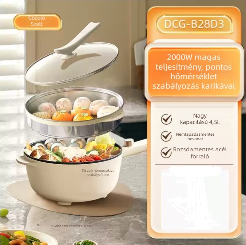 Bear Mindent egyben elektromos wok, kapacitás 4–5 L, 1200–1500 W, tapadásmentes belső edény, hőmérséklet-szabályozás