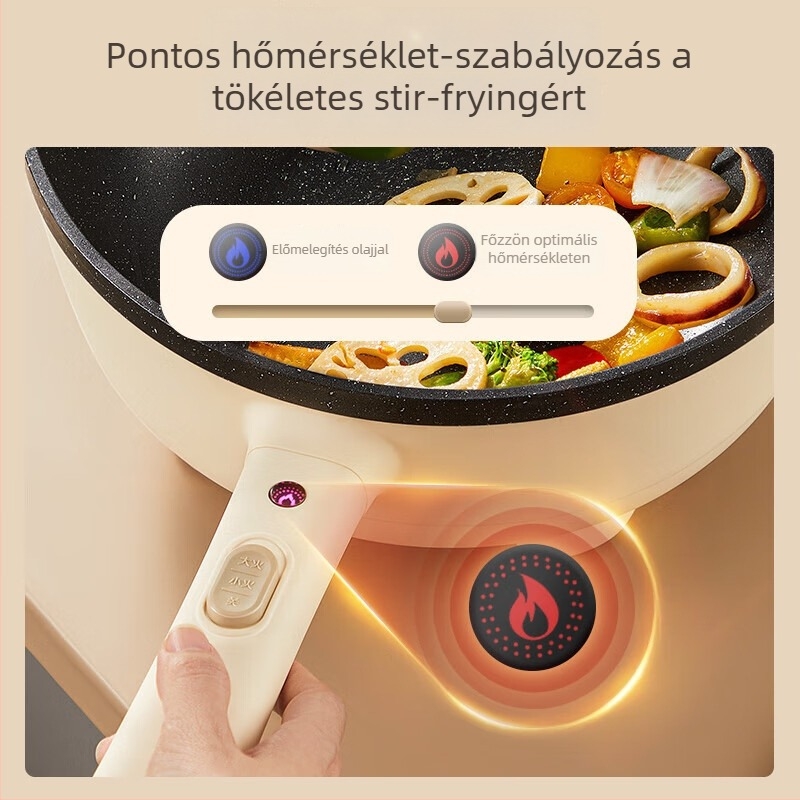 Bear Mindent egyben elektromos wok, kapacitás 4–5 L, 1200–1500 W, tapadásmentes belső edény, hőmérséklet-szabályozás