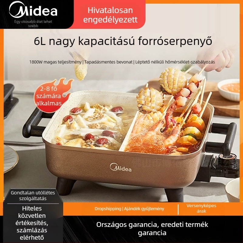 Midea elektromos forró edény – multifunkcionális edény rozsdamentes acél testtel, 1200–1500W, mechanikus vezérlés, funkciók: párolás, pirítás, sütés és főzés