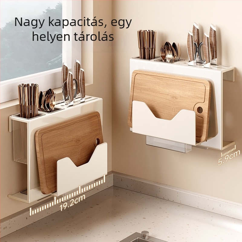 Fali késállvány beépített vágódeszkával – Multifunkcionális konyhai tároló, szénacél, modern minimalist dizájn