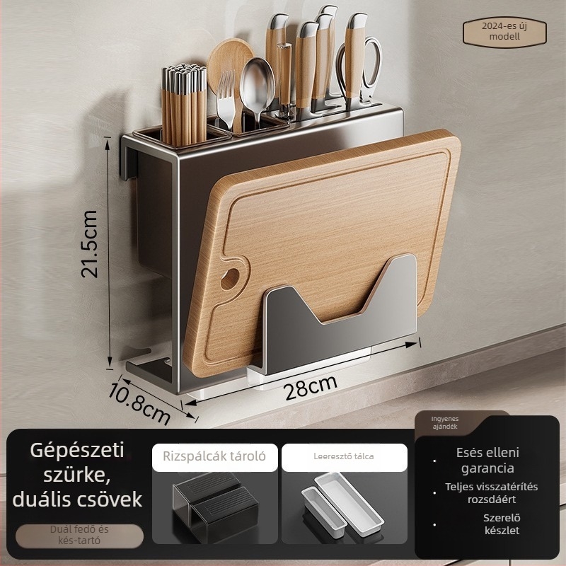 Fali késállvány beépített vágódeszkával – Multifunkcionális konyhai tároló, szénacél, modern minimalist dizájn