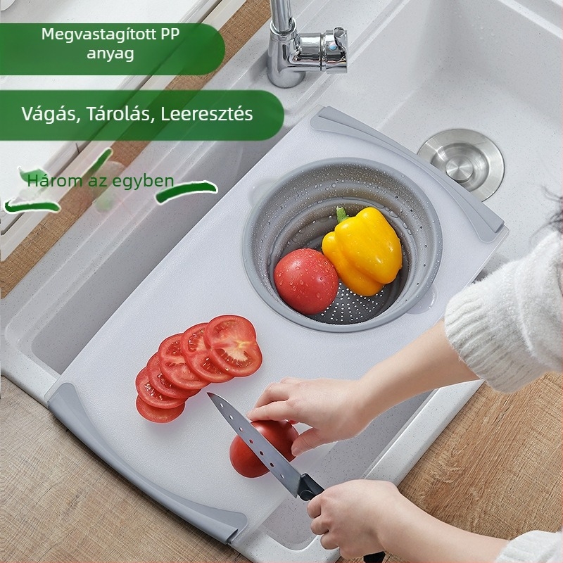 Konyhai többfunkciós műanyag vágódeszka beépített lefolyóval és vízszűrővel
