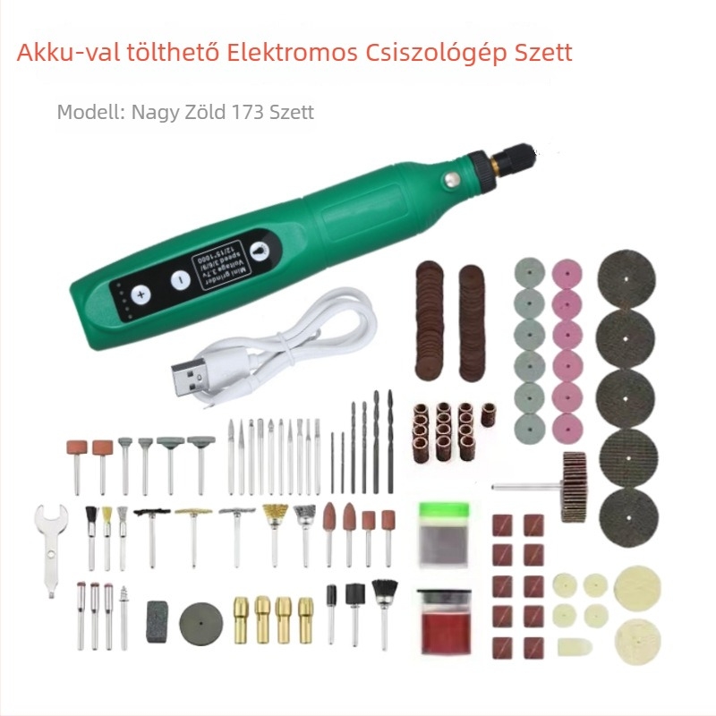173 Mikro Elektromos Fúró – Jade Csiszolás és Polírozás Minden‑egy‑ben faipar és DIY‑hoz; újratölthető lítium akkumulátor 3,7V; öt sebesség‑szabályozás; 173 tartozék; 0,6 m kábel; nettó tömeg 0,42 kg