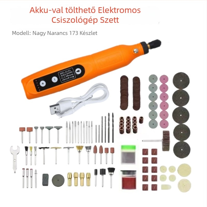 173 Mikro Elektromos Fúró – Jade Csiszolás és Polírozás Minden‑egy‑ben faipar és DIY‑hoz; újratölthető lítium akkumulátor 3,7V; öt sebesség‑szabályozás; 173 tartozék; 0,6 m kábel; nettó tömeg 0,42 kg