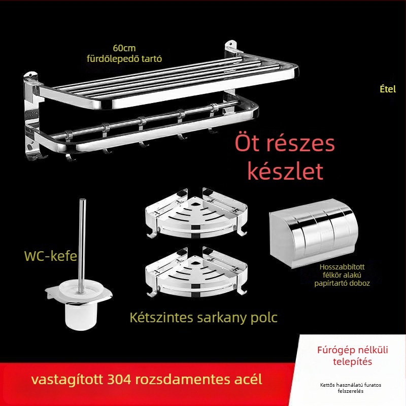 Rozsdamentes acél fürdőszobai törölközőtartó, modern stílus, öt darabos készlet