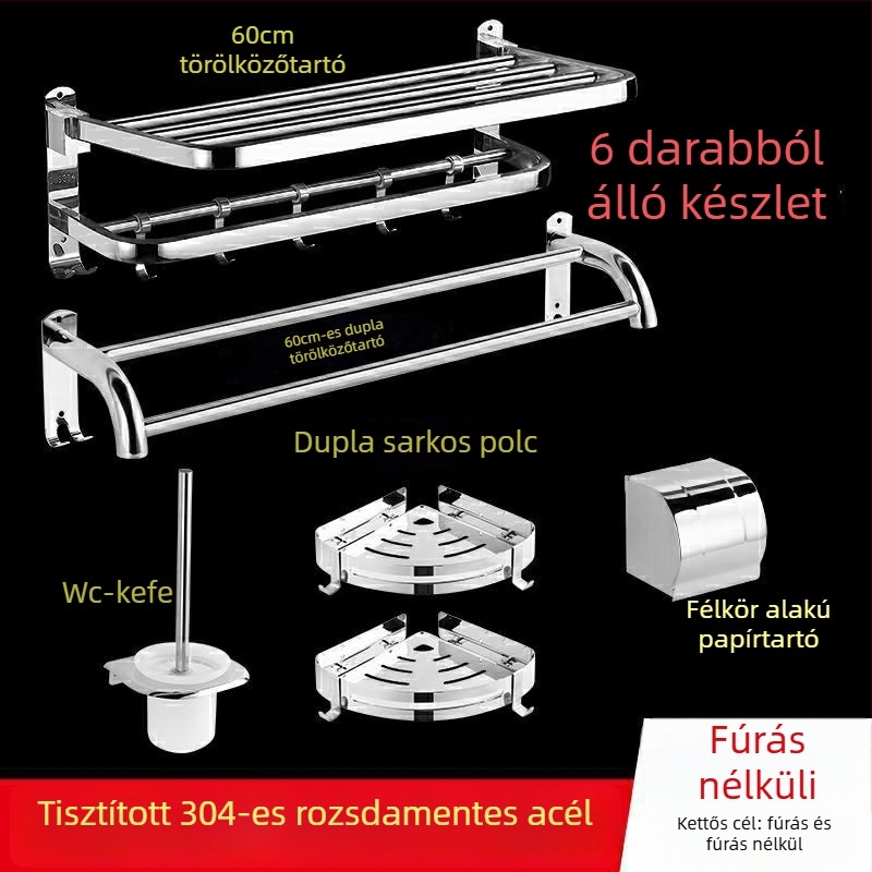 Rozsdamentes acél fürdőszobai törölközőtartó, modern stílus, öt darabos készlet