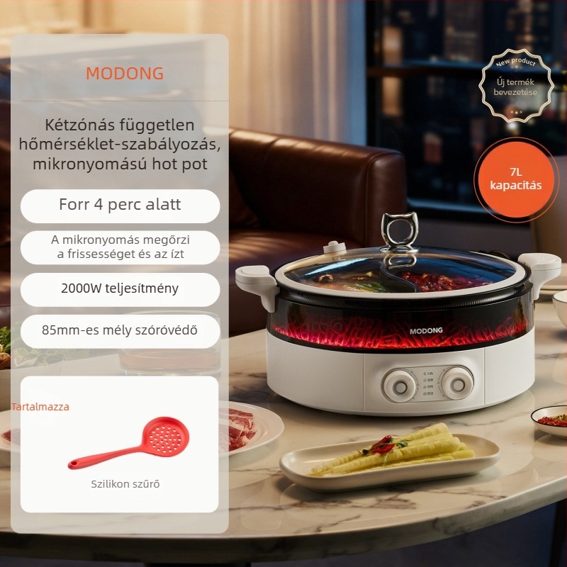 Elektromos forró fazék, 8 literes kapacitás, 1500 W+, 5–6 személyes kiszolgálás, belső tartály mélysége 7 cm, szárazság elleni funkció