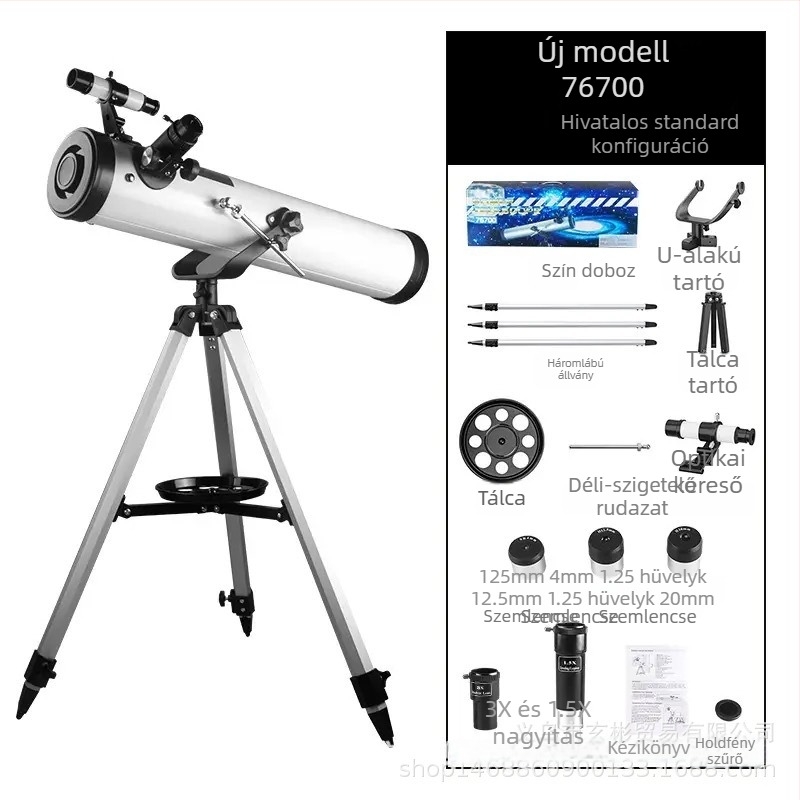Csillagászati monokuláris távcső, modell 70076, nagyítás 350x, kilépő pupilla 76 mm, látómező 1,3°, kilépő pupilla távolság 700 mm