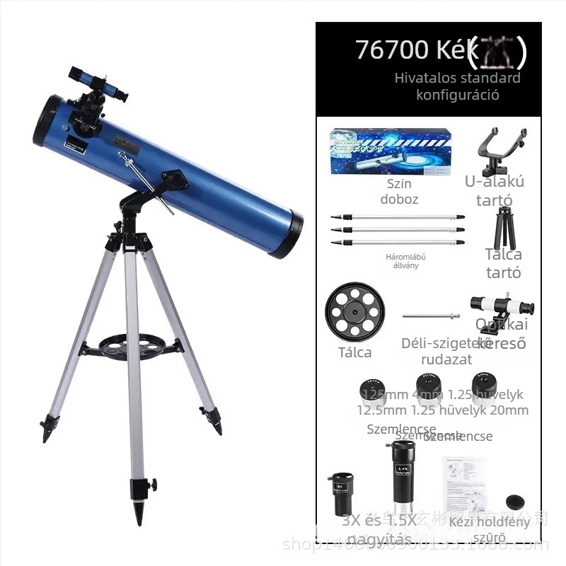 Csillagászati monokuláris távcső, modell 70076, nagyítás 350x, kilépő pupilla 76 mm, látómező 1,3°, kilépő pupilla távolság 700 mm
