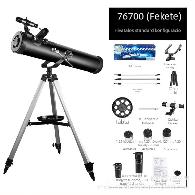 Csillagászati monokuláris távcső, modell 70076, nagyítás 350x, kilépő pupilla 76 mm, látómező 1,3°, kilépő pupilla távolság 700 mm