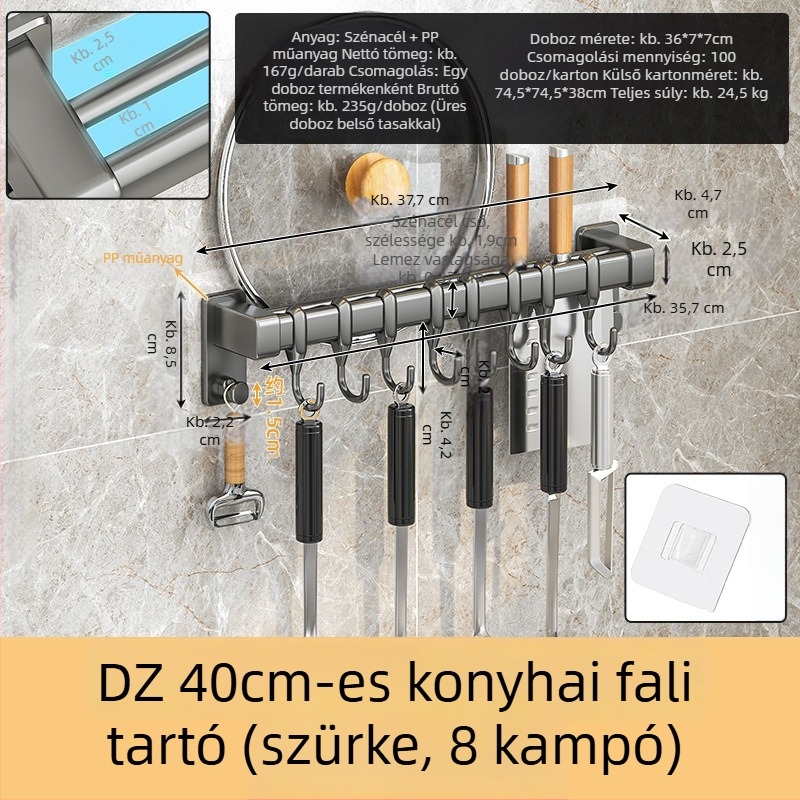 Fúrás nélküli falra szerelhető konyha- és fürdőszobai tárolóállvány mozgatható akasztókkal