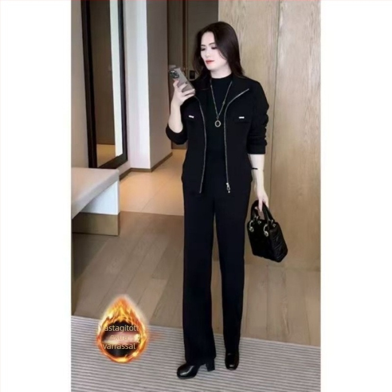 Női denim kétrészes szett tavasz–őszre: laza szabás, fleece béléses, vastagabb anyag, hosszú szoknya