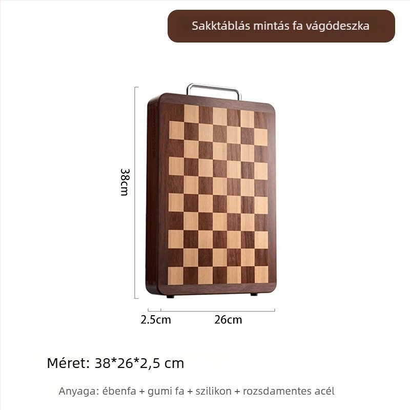 Kétoldalas ebonfa vágódeszka, vastagított, penészmentes, konyhai vágáshoz, kockás mintázattal