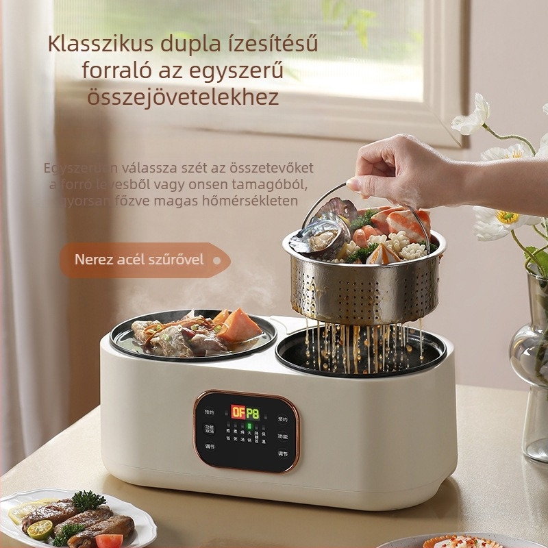 Explosive Bear kettős kamrás elektromos főzőedény pároló- és shabu-shabu funkciókkal, 2,1–4 L kapacitás, kétszeres réteg, két belső tartály, mikroprocesszoros vezérlés, szigetelés és ütemezés