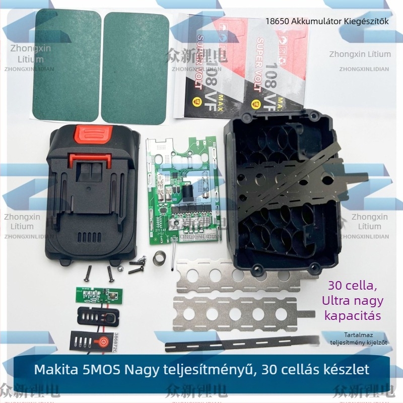 Makita-stílusú univerzális 18650-es akkumulátor-készlet (5/10/15/20/30 cella) – műanyag ház és tartozékok