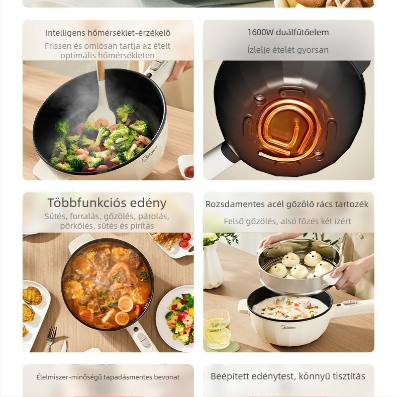 Elektromos wok tapadásmentes bevonattal, többfunkciós főzőedény, 3–4 L kapacitás, 1001–1200 W, száraz égés elleni funkció, mechanikus vezérlés