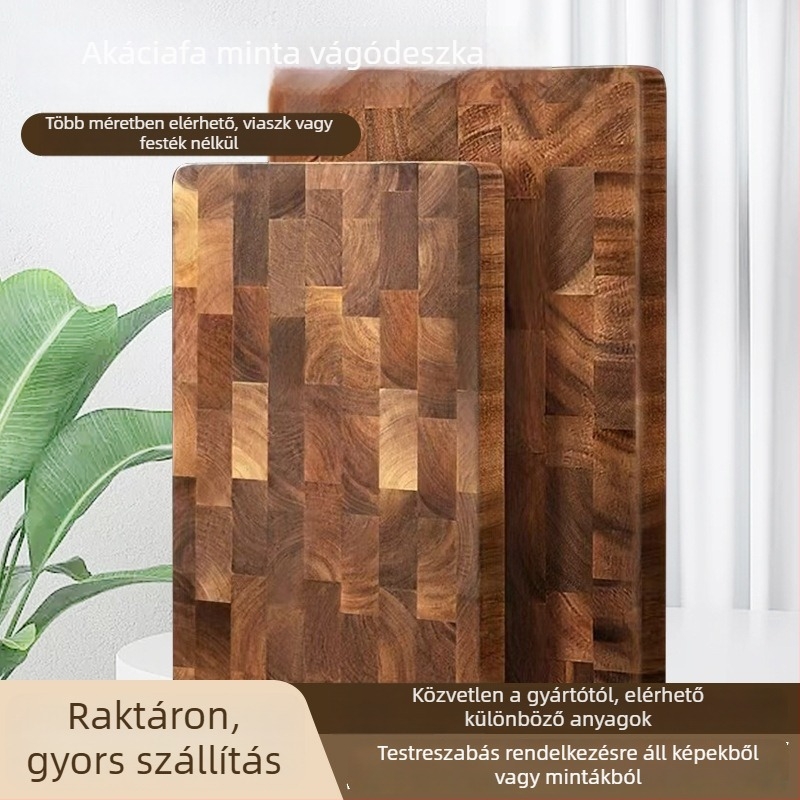 Tömörfa vágódeszka akáciából, sakktáblás mintával és geometriai négyzetekkel