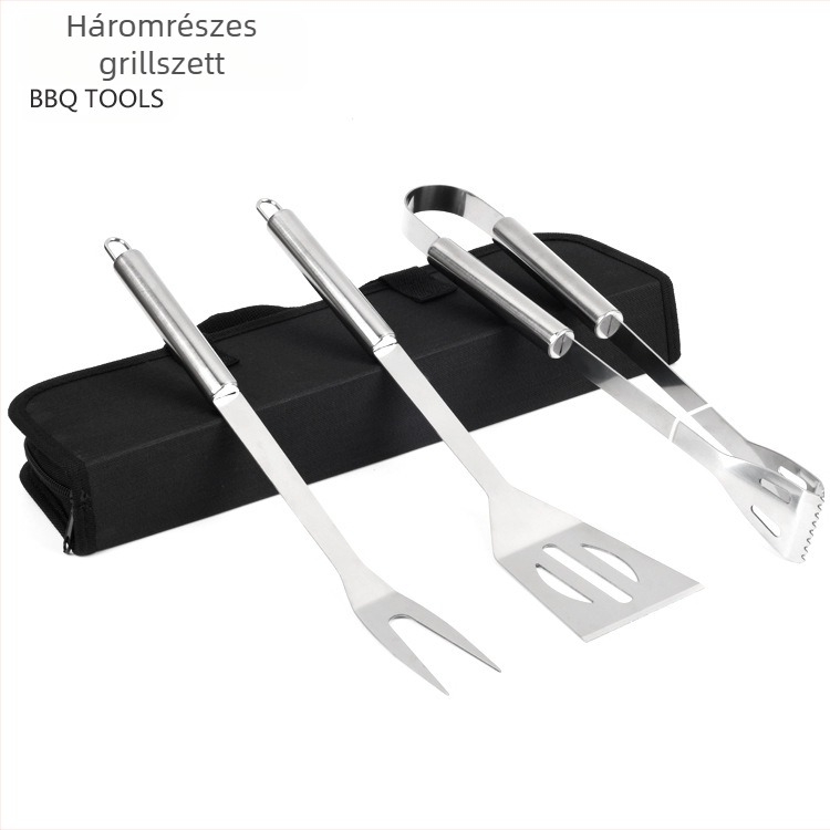 Junfeng 3 darabos rozsdamentes acél BBQ eszköz készlet – csipesz, villa és lapát, Oxford típusú nylon táskában