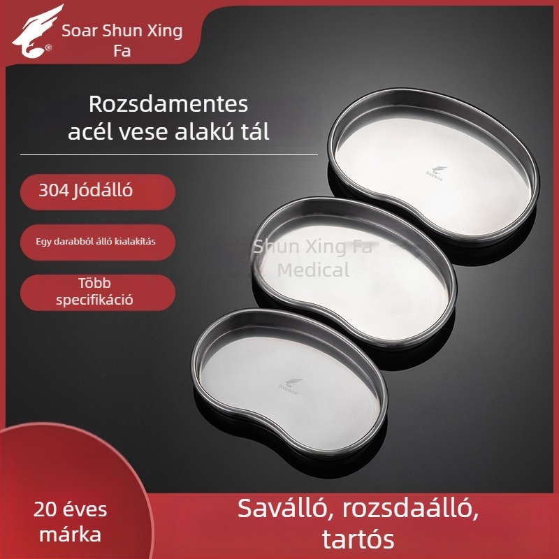 304 rozsdamentes acélból készült vesé alakú tál fogászati műtétekhez, sterilizáláshoz és jódalapú fertőtlenítéshez