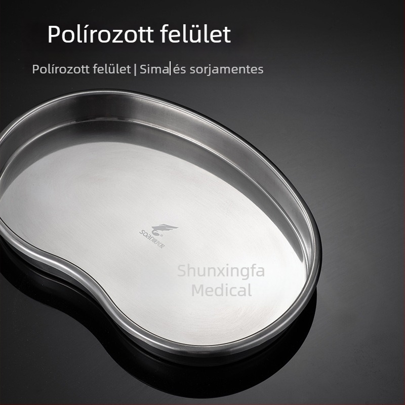 304 rozsdamentes acélból készült vesé alakú tál fogászati műtétekhez, sterilizáláshoz és jódalapú fertőtlenítéshez