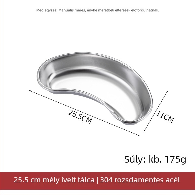 304 rozsdamentes acélból készült vesé alakú tál fogászati műtétekhez, sterilizáláshoz és jódalapú fertőtlenítéshez