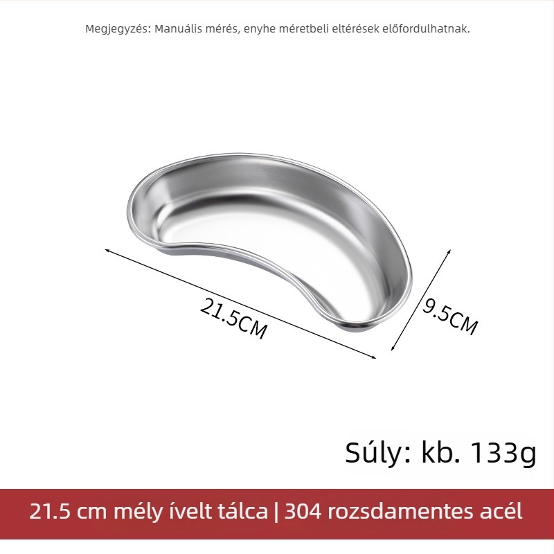 304 rozsdamentes acélból készült vesé alakú tál fogászati műtétekhez, sterilizáláshoz és jódalapú fertőtlenítéshez