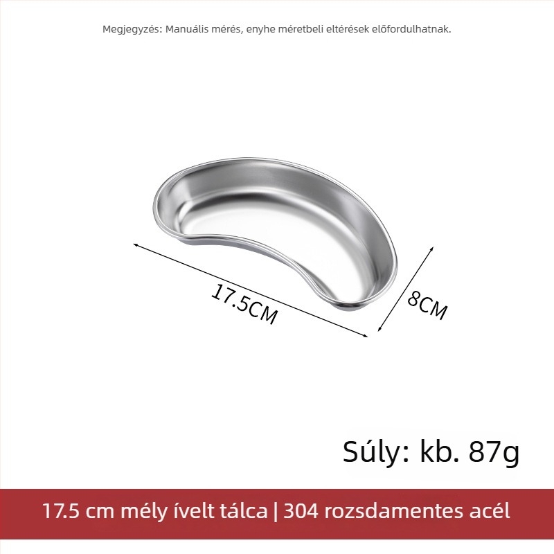 304 rozsdamentes acélból készült vesé alakú tál fogászati műtétekhez, sterilizáláshoz és jódalapú fertőtlenítéshez
