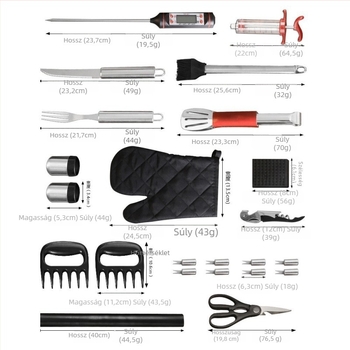 Hordozható kültéri grillszett 38 darabbal, rozsdamentes acélból — csipesz, villa, nyárs és sütőlapát