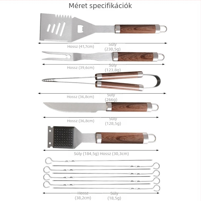 Hordozható kültéri grillszett 38 darabbal, rozsdamentes acélból — csipesz, villa, nyárs és sütőlapát