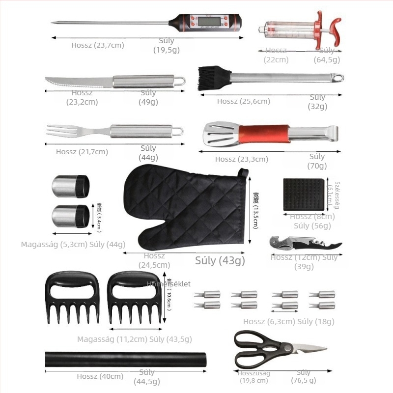 Hordozható kültéri grillszett 38 darabbal, rozsdamentes acélból — csipesz, villa, nyárs és sütőlapát