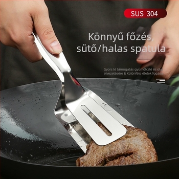 Kétfunkciós ételklipsz-spatula – 304 rozsdamentes acél, magas hőmérséklet-állóság, égési védelem, nyél rozsdamentes acél és szilikon