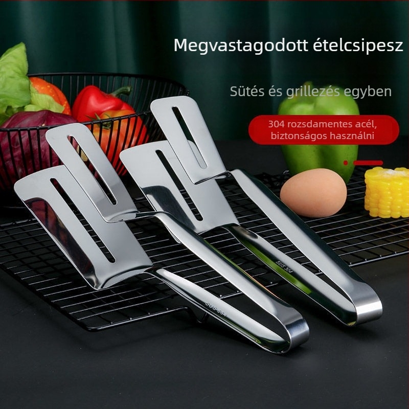 Kétfunkciós ételklipsz-spatula – 304 rozsdamentes acél, magas hőmérséklet-állóság, égési védelem, nyél rozsdamentes acél és szilikon