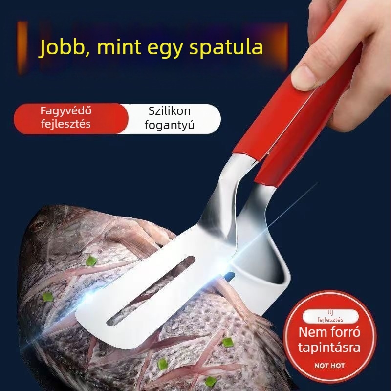 Kétfunkciós ételklipsz-spatula – 304 rozsdamentes acél, magas hőmérséklet-állóság, égési védelem, nyél rozsdamentes acél és szilikon