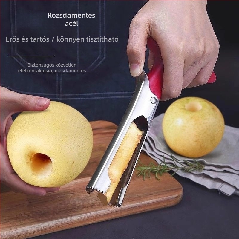 Rozsdamentes acél gyümölcsmagkivágó eszköz — almákhoz, körtefélékhez és hókörtékhez; modern minimalist dizájn
