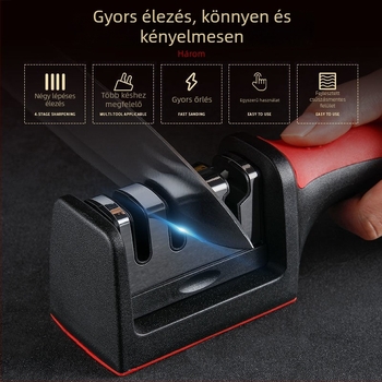 Késélező négyfokozatú, gyors élezés konyhai késekhez és ollókhoz, PP anyag, logó nyomtatás, személyre szabható magáncímke