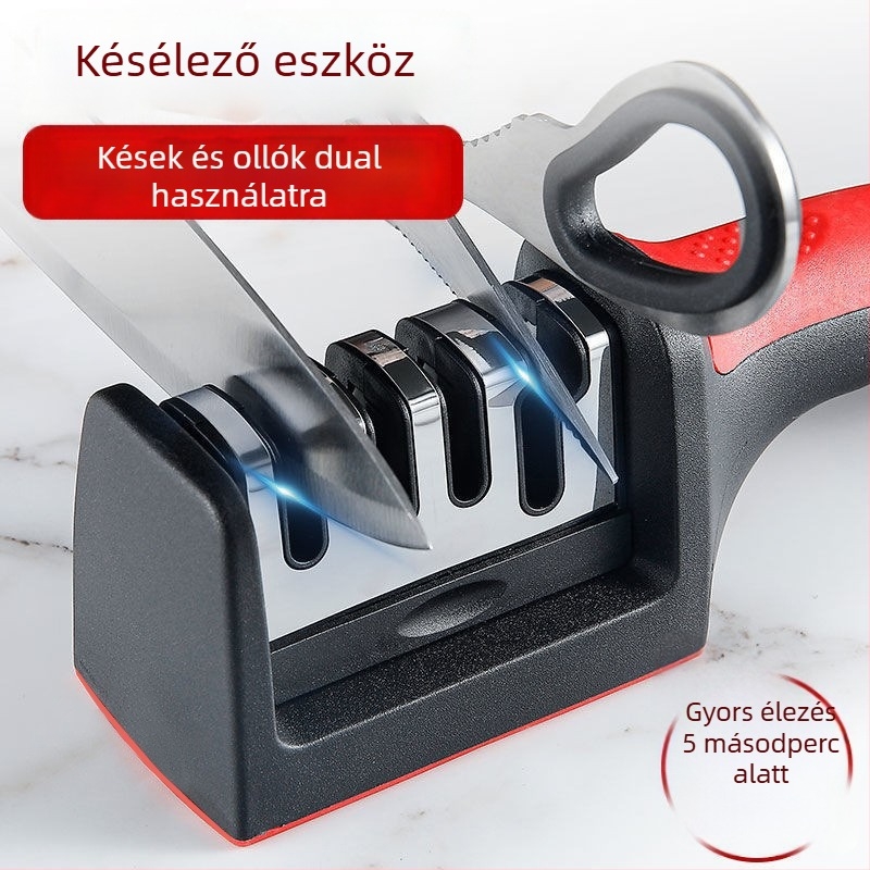 Késélező négyfokozatú, gyors élezés konyhai késekhez és ollókhoz, PP anyag, logó nyomtatás, személyre szabható magáncímke