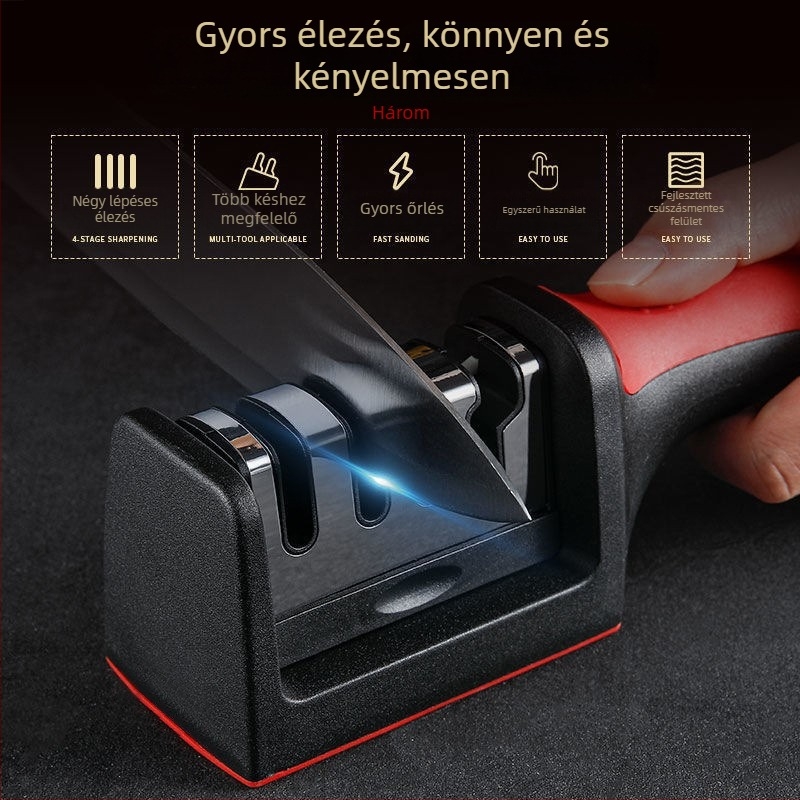 Késélező négyfokozatú, gyors élezés konyhai késekhez és ollókhoz, PP anyag, logó nyomtatás, személyre szabható magáncímke
