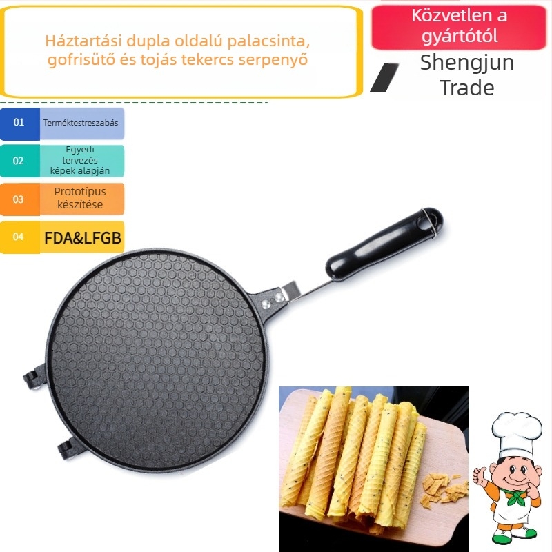 Kétsárnyú koreai stílusú tojásos tekercs serpenyő waffel formával, sík aljú, modell SJ-YP017, alumíniumötvözet, tapadásmentes bevonat, 750 g, általános tűzhelyhez