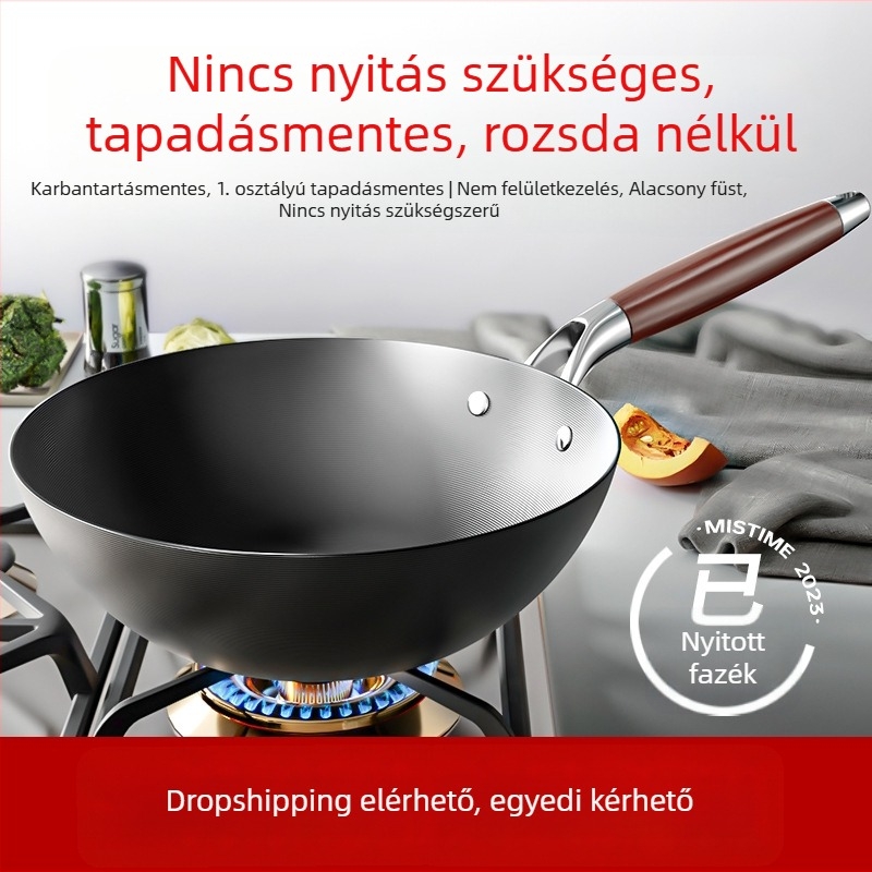 Finom vasból készült wok, kínai stílus, tapadásmentes, egylapos aljzat, rozsdamentes acél fedő üveggel