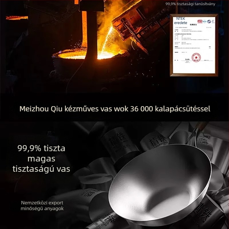 Finom vasból készült wok, kínai stílus, tapadásmentes, egylapos aljzat, rozsdamentes acél fedő üveggel