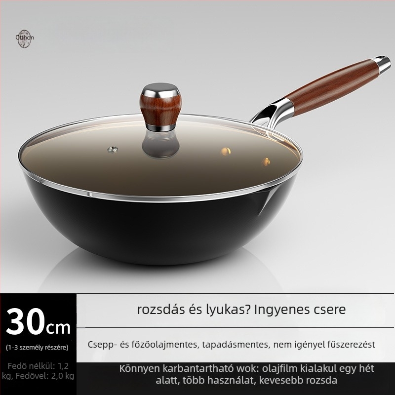 Finom vasból készült wok, kínai stílus, tapadásmentes, egylapos aljzat, rozsdamentes acél fedő üveggel