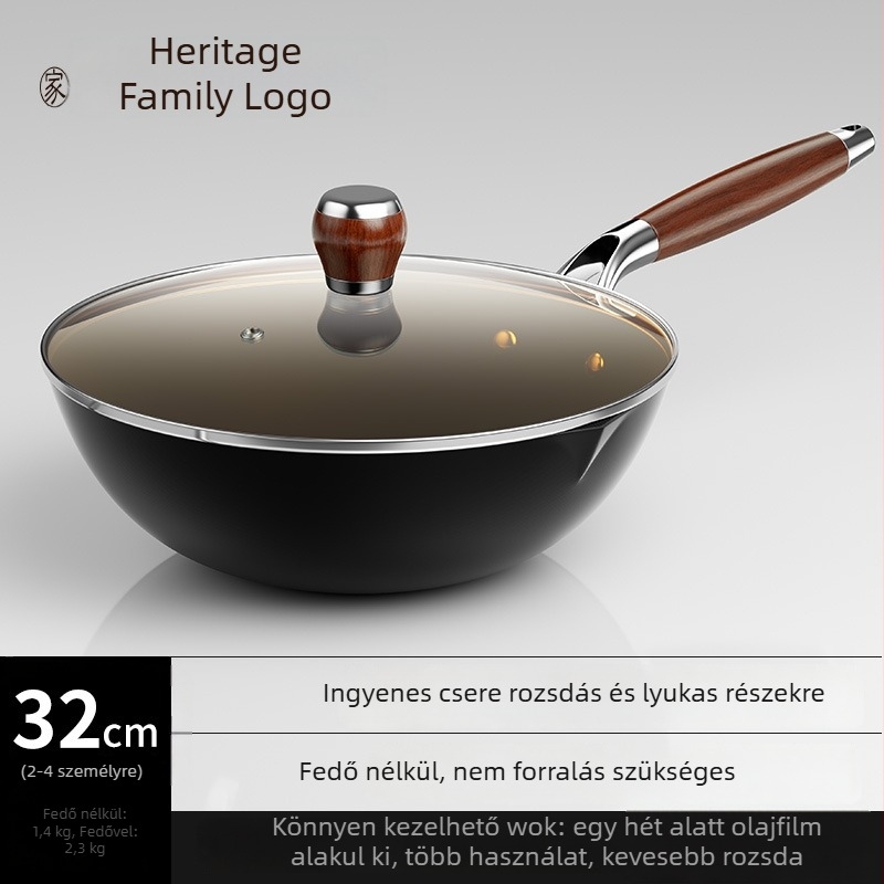 Finom vasból készült wok, kínai stílus, tapadásmentes, egylapos aljzat, rozsdamentes acél fedő üveggel