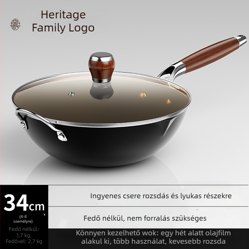 Finom vasból készült wok, kínai stílus, tapadásmentes, egylapos aljzat, rozsdamentes acél fedő üveggel